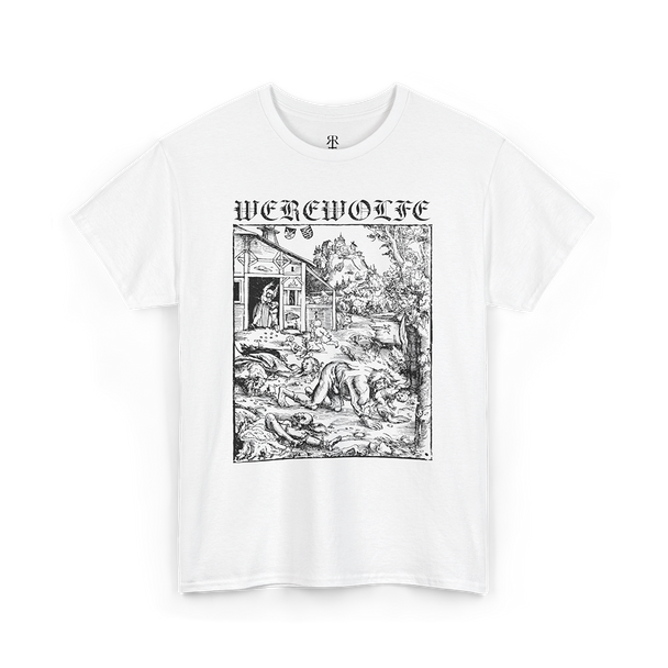 White T-shirt with a monochrome graphic print depicting a werewolf and the text 'WEREWOLFE' at the top.