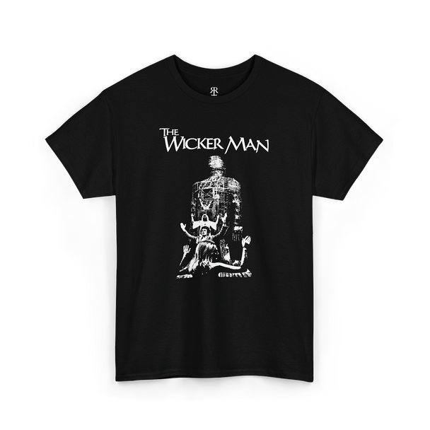 Black T-shirt with 'The Wicker Man' movie title and image of a wicker man character printed on the front.