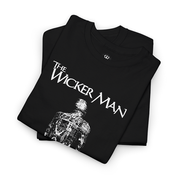 Black T-shirt with 'The Wicker Man' movie title and image of a wicker man character printed on the front.