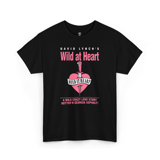 A black T-shirt with 'David Lynch's Wild at Heart' text and a pink graphic of a heart on the front.