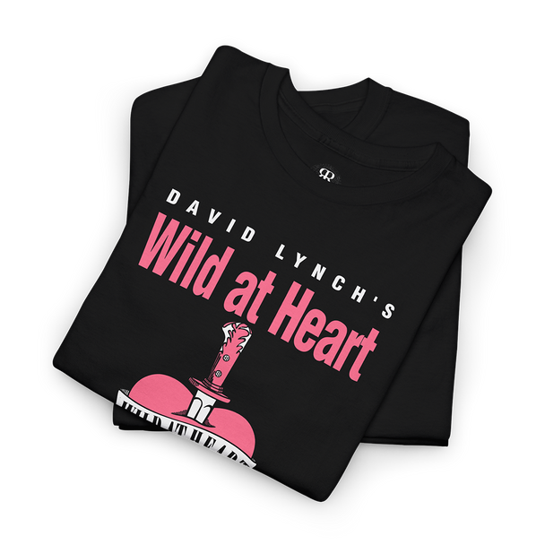 A black T-shirt with 'David Lynch's Wild at Heart' text and a pink graphic of a heart on the front.