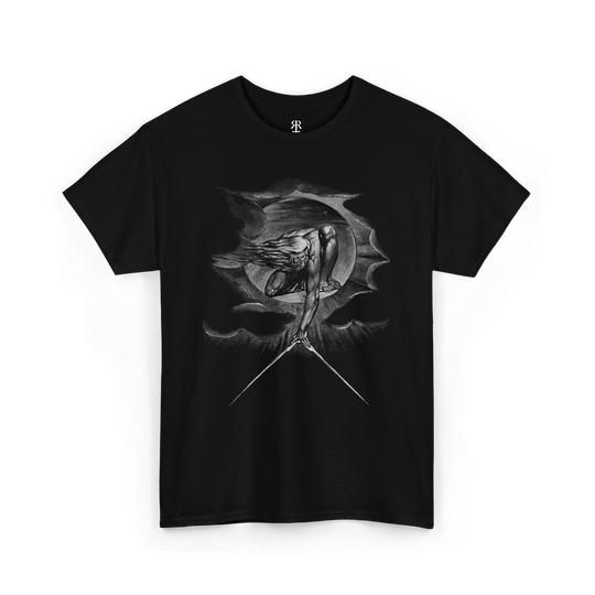 A black t-shirt featuring a bw front print of the divine figure Urizen from William Blake's 1794 illustration 'The Ancient of Days'.