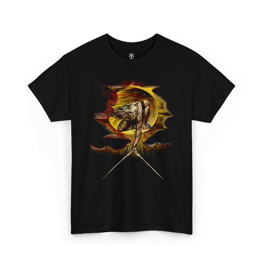 A black t-shirt featuring a colorful front print of the divine figure Urizen from William Blake's 1794 illustration 'The Ancient of Days'.