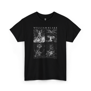 Black t-shirt featuring a print of William Blake's The Great Red Dragon paintings in monochrome.