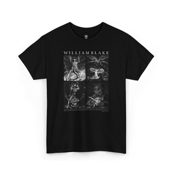 Black t-shirt featuring a print of William Blake's The Great Red Dragon paintings in monochrome.