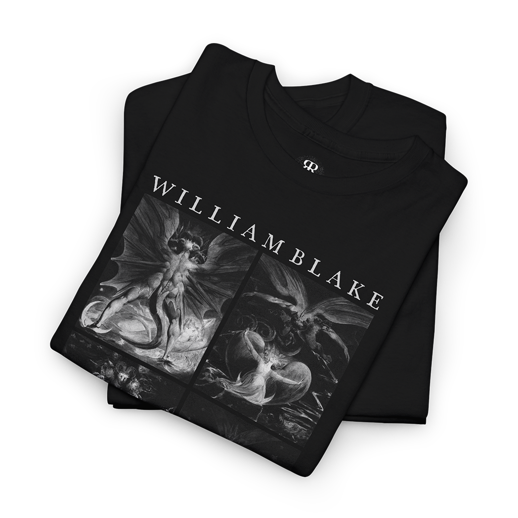 Black t-shirt featuring a print of William Blake's The Great Red Dragon paintings in monochrome.
