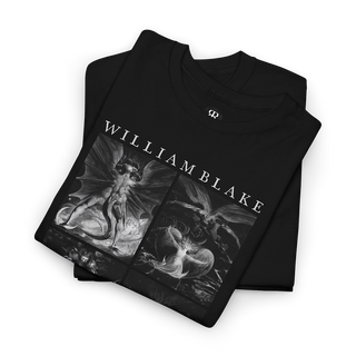 Black t-shirt featuring a print of William Blake's The Great Red Dragon paintings in monochrome.
