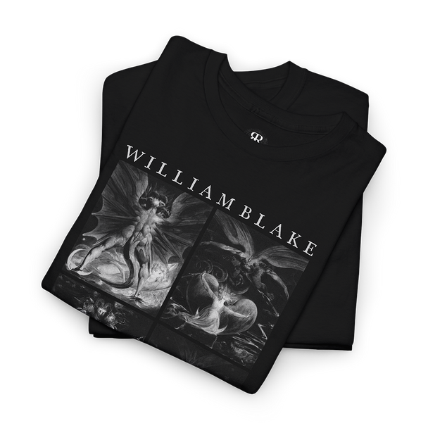 Black t-shirt featuring a print of William Blake's The Great Red Dragon paintings in monochrome.