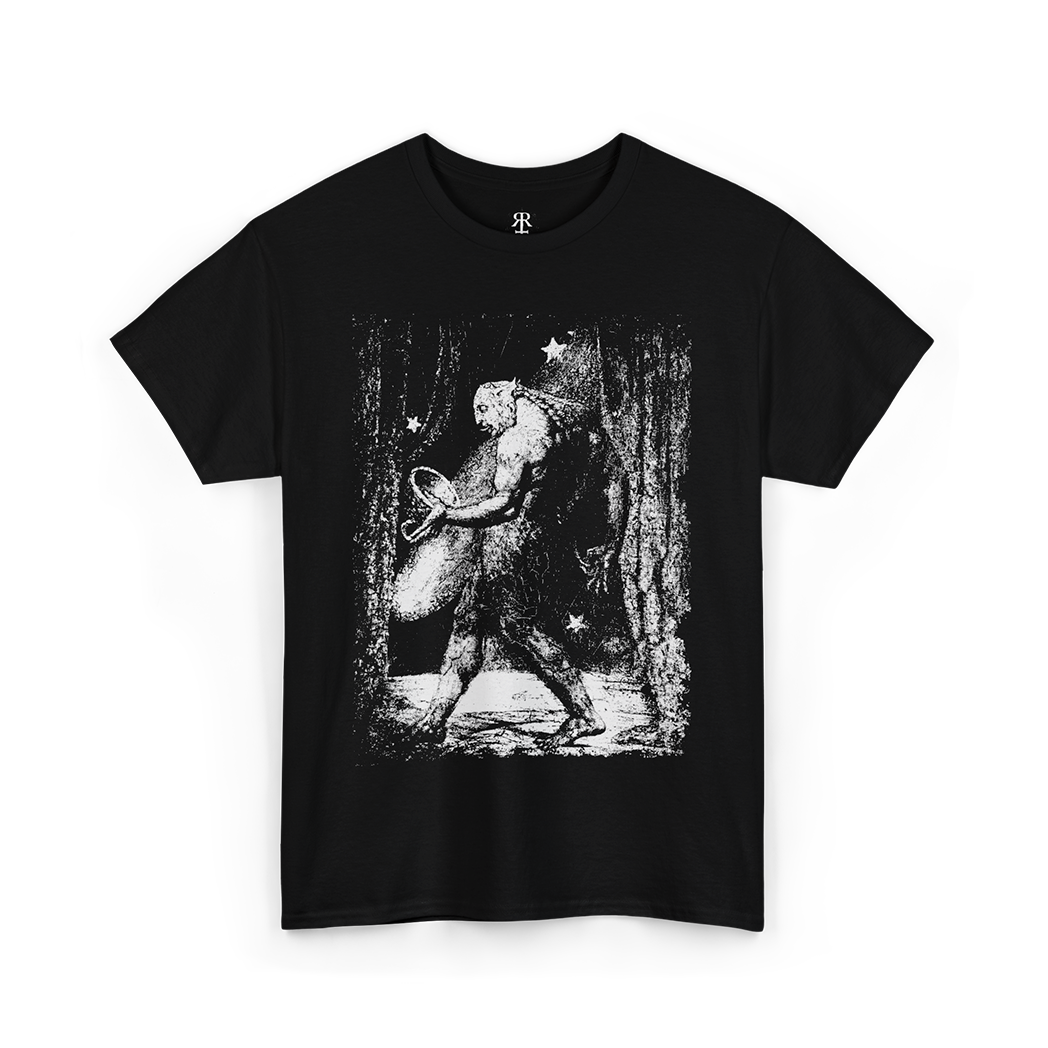 A black t-shirt featuring a white graphic print of a flea on a person's hand from the artwork 'The Ghost of a Flea' by William Blake.