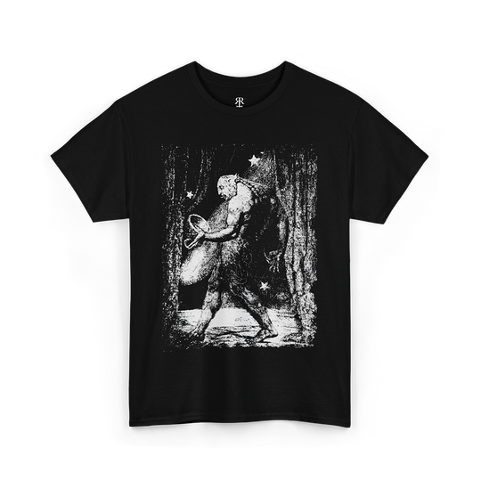 A black t-shirt featuring a white graphic print of a flea on a person's hand from the artwork 'The Ghost of a Flea' by William Blake.