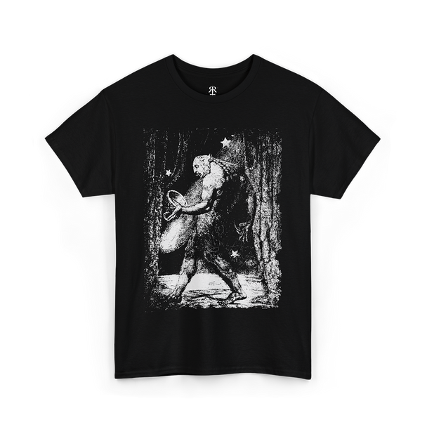 A black t-shirt featuring a white graphic print of a flea on a person's hand from the artwork 'The Ghost of a Flea' by William Blake.