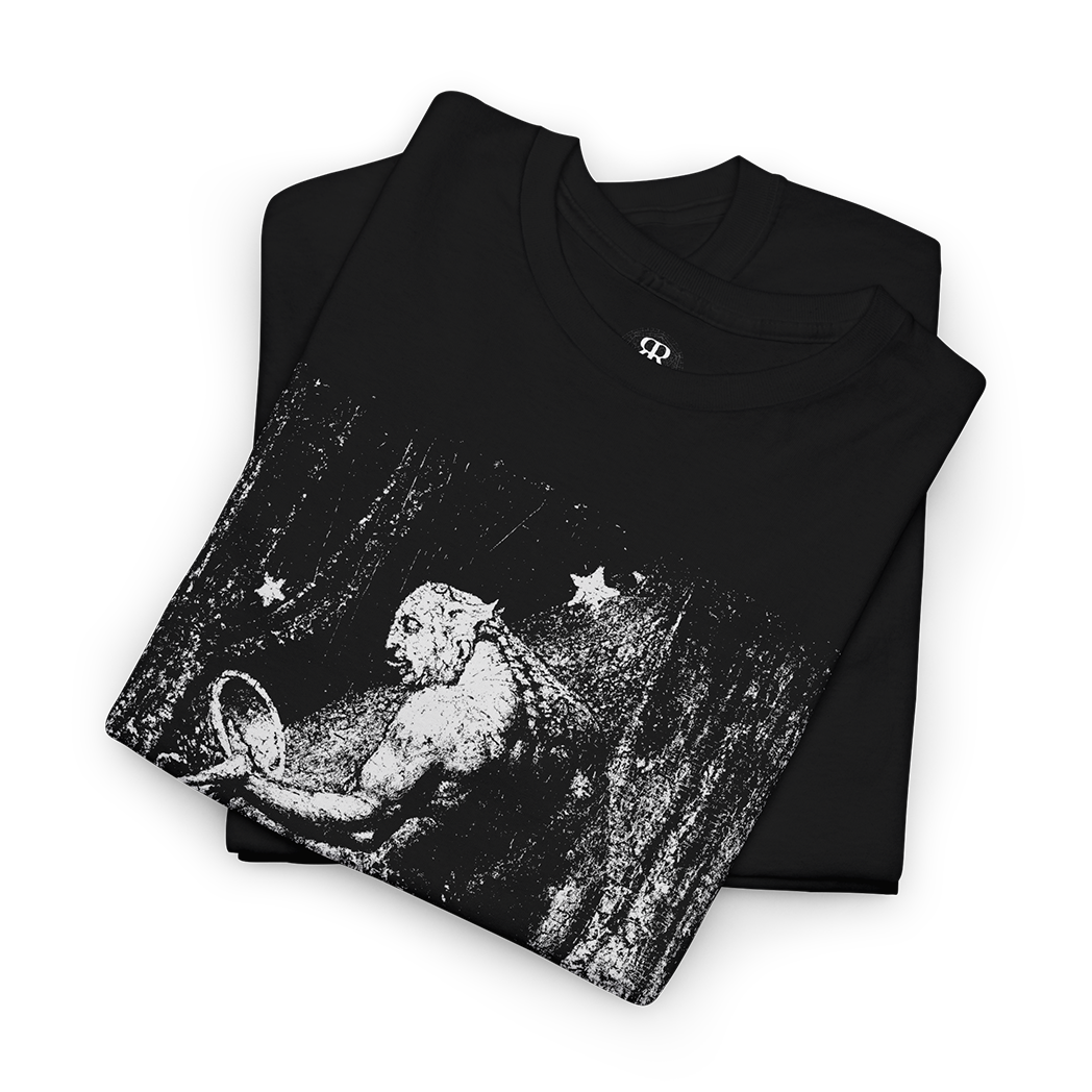 A black t-shirt featuring a white graphic print of a flea on a person's hand from the artwork 'The Ghost of a Flea' by William Blake.