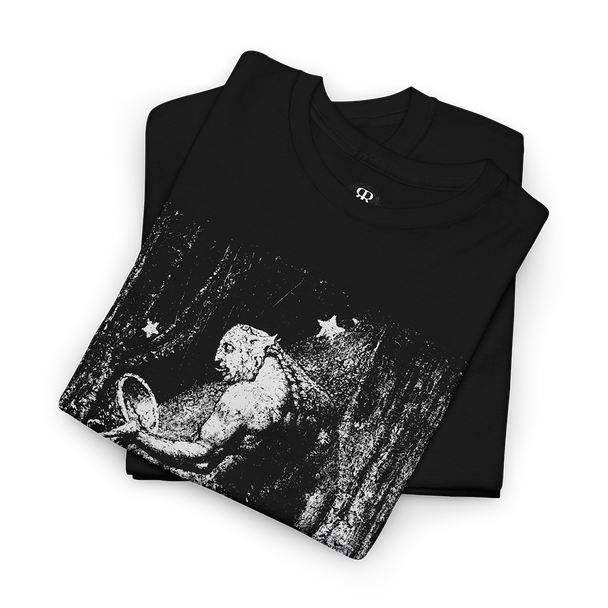 A black t-shirt featuring a white graphic print of a flea on a person's hand from the artwork 'The Ghost of a Flea' by William Blake.