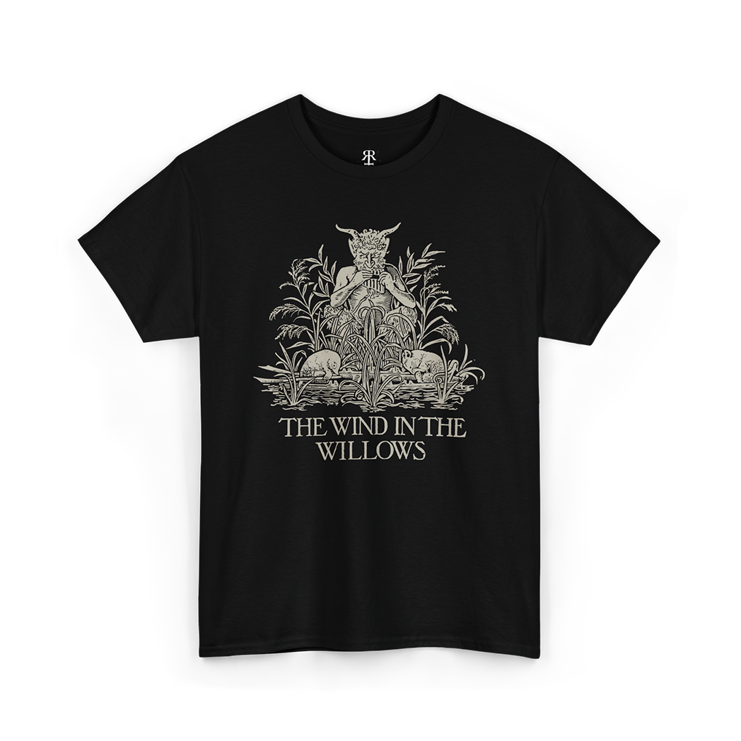 Black T-shirt with a graphic print of a satyr and the title 'The Wind in the Willows'.