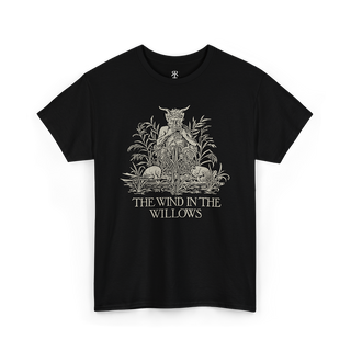 Black T-shirt with a graphic print of a satyr and the title 'The Wind in the Willows'.