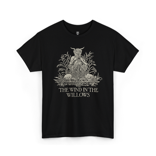 Black T-shirt with a graphic print of a satyr and the title 'The Wind in the Willows'.