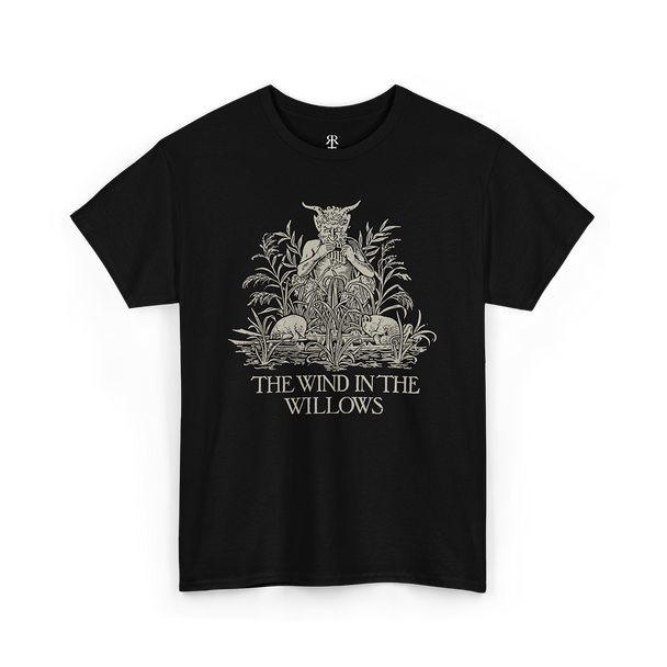 Black T-shirt with a graphic print of a satyr and the title 'The Wind in the Willows'.