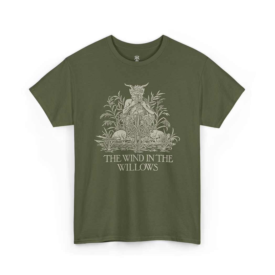 Olive green T-shirt with a graphic print of a satyr and the title 'The Wind in the Willows'.