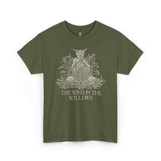 Olive green T-shirt with a graphic print of a satyr and the title 'The Wind in the Willows'.