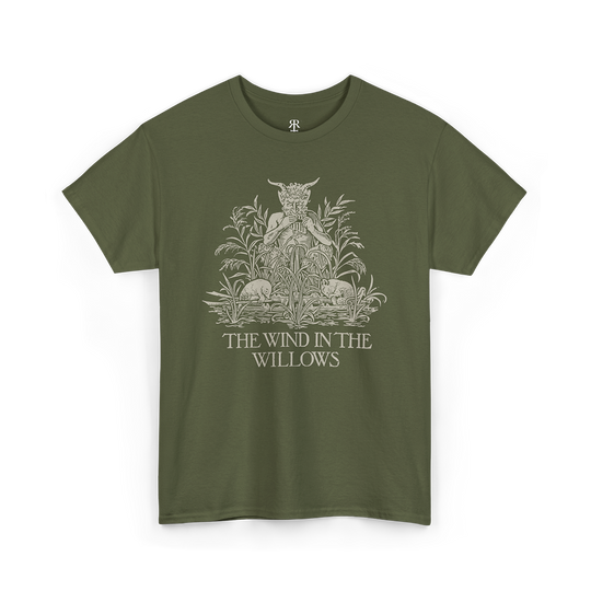 Olive green T-shirt with a graphic print of a satyr and the title 'The Wind in the Willows'.