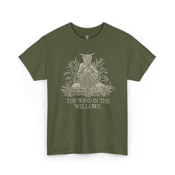 Olive green T-shirt with a graphic print of a satyr and the title 'The Wind in the Willows'.