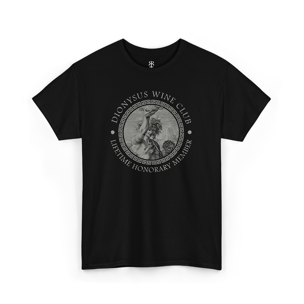 A black t-shirt with a graphic print of Dionysus, the ancient Greek god of wine-making, and text that includes 'Dionysus Wine Club' and 'Honorary Member'.