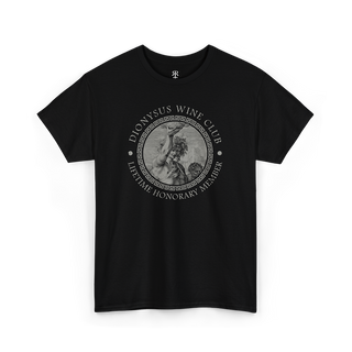 A black t-shirt with a graphic print of Dionysus, the ancient Greek god of wine-making, and text that includes 'Dionysus Wine Club' and 'Honorary Member'.
