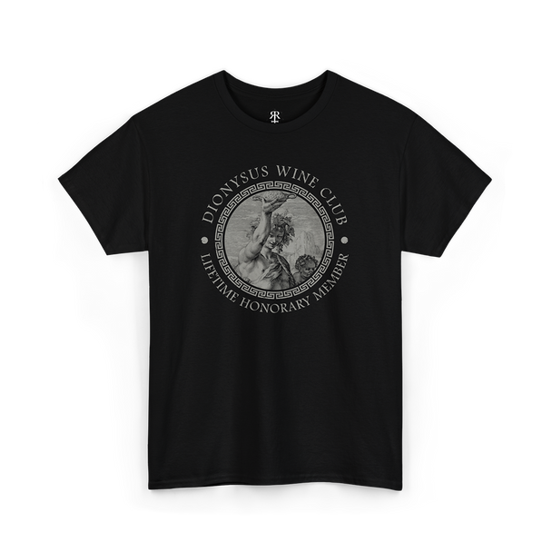 A black t-shirt with a graphic print of Dionysus, the ancient Greek god of wine-making, and text that includes 'Dionysus Wine Club' and 'Honorary Member'.