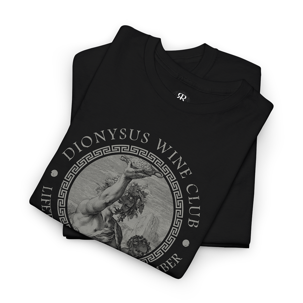 A black t-shirt with a graphic print of Dionysus, the ancient Greek god of wine-making, and text that includes 'Dionysus Wine Club' and 'Honorary Member'.