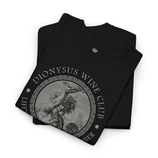 A black t-shirt with a graphic print of Dionysus, the ancient Greek god of wine-making, and text that includes 'Dionysus Wine Club' and 'Honorary Member'.
