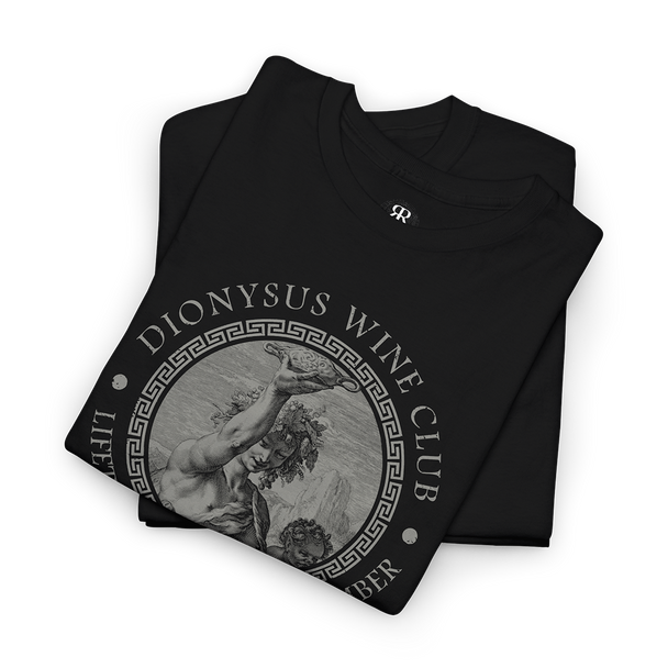 A black t-shirt with a graphic print of Dionysus, the ancient Greek god of wine-making, and text that includes 'Dionysus Wine Club' and 'Honorary Member'.