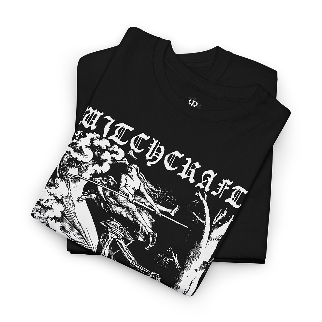 Black t-shirt showing Hans Baldung's medieval woodcut of witches sabbath