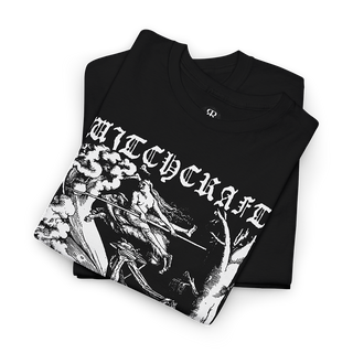 Black t-shirt showing Hans Baldung's medieval woodcut of witches sabbath