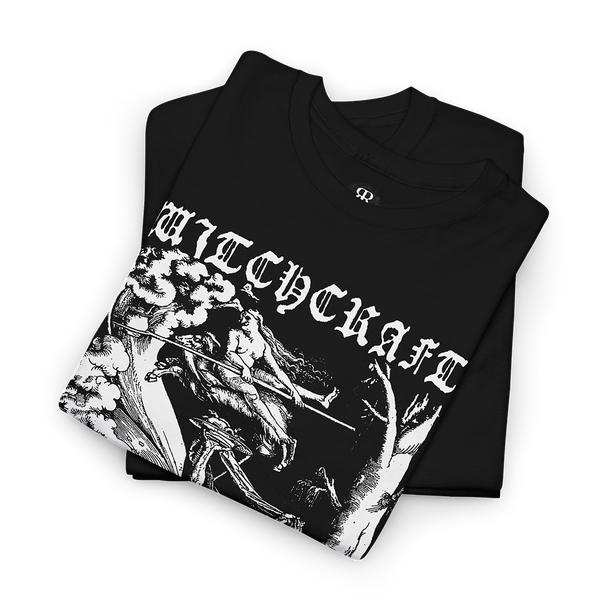 Black t-shirt showing Hans Baldung's medieval woodcut of witches sabbath