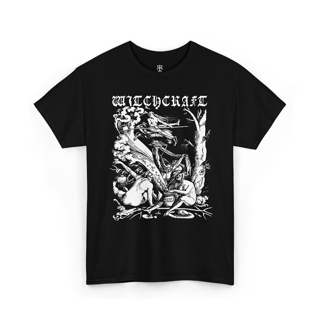 Black t-shirt showing Hans Baldung's medieval woodcut of witches sabbath