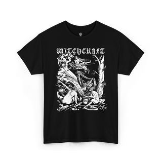 Black t-shirt showing Hans Baldung's medieval woodcut of witches sabbath