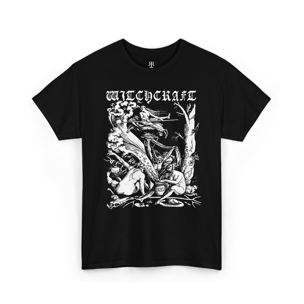 Black t-shirt showing Hans Baldung's medieval woodcut of witches sabbath