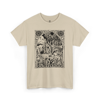 This image displays a beige t-shirt featuring a detailed and artistic print centered around the themes of witches and demons. 