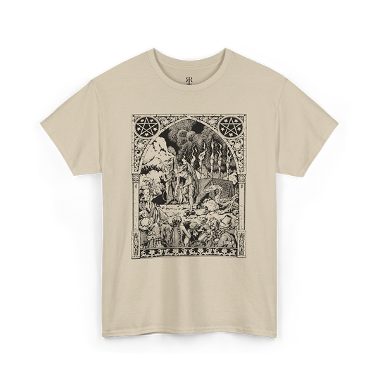 This image displays a beige t-shirt featuring a detailed and artistic print centered around the themes of witches and demons. 
