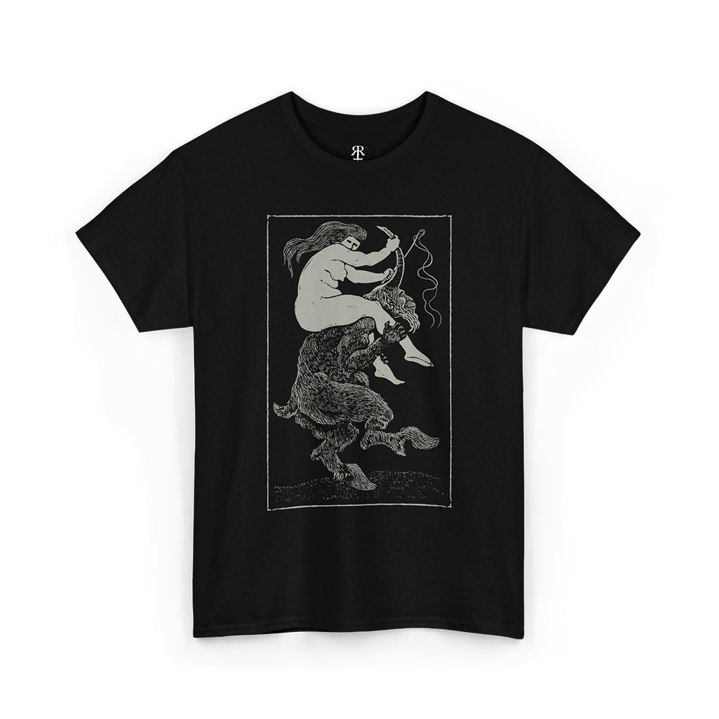 Black T-shirt with a graphic print of a witch riding a devil.