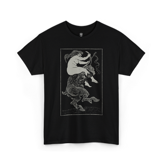 Black T-shirt with a graphic print of a witch riding a devil.