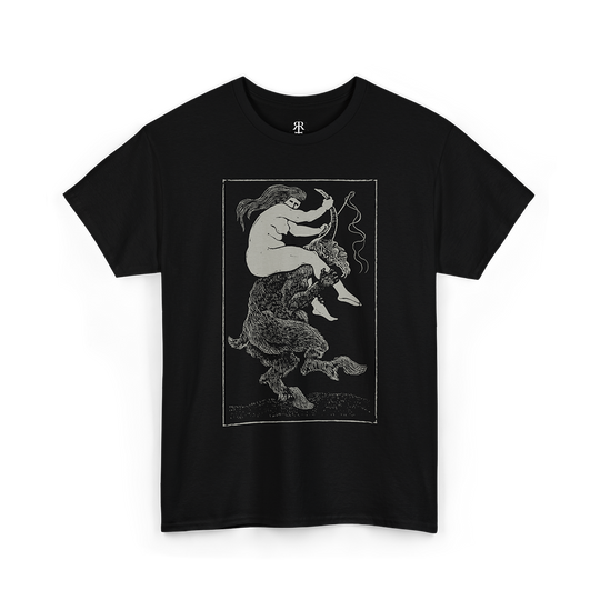 Black T-shirt with a graphic print of a witch riding a devil.