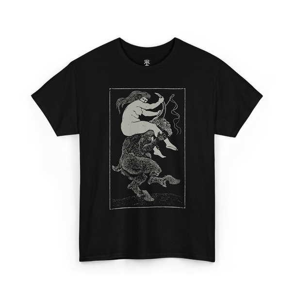 Black T-shirt with a graphic print of a witch riding a devil.