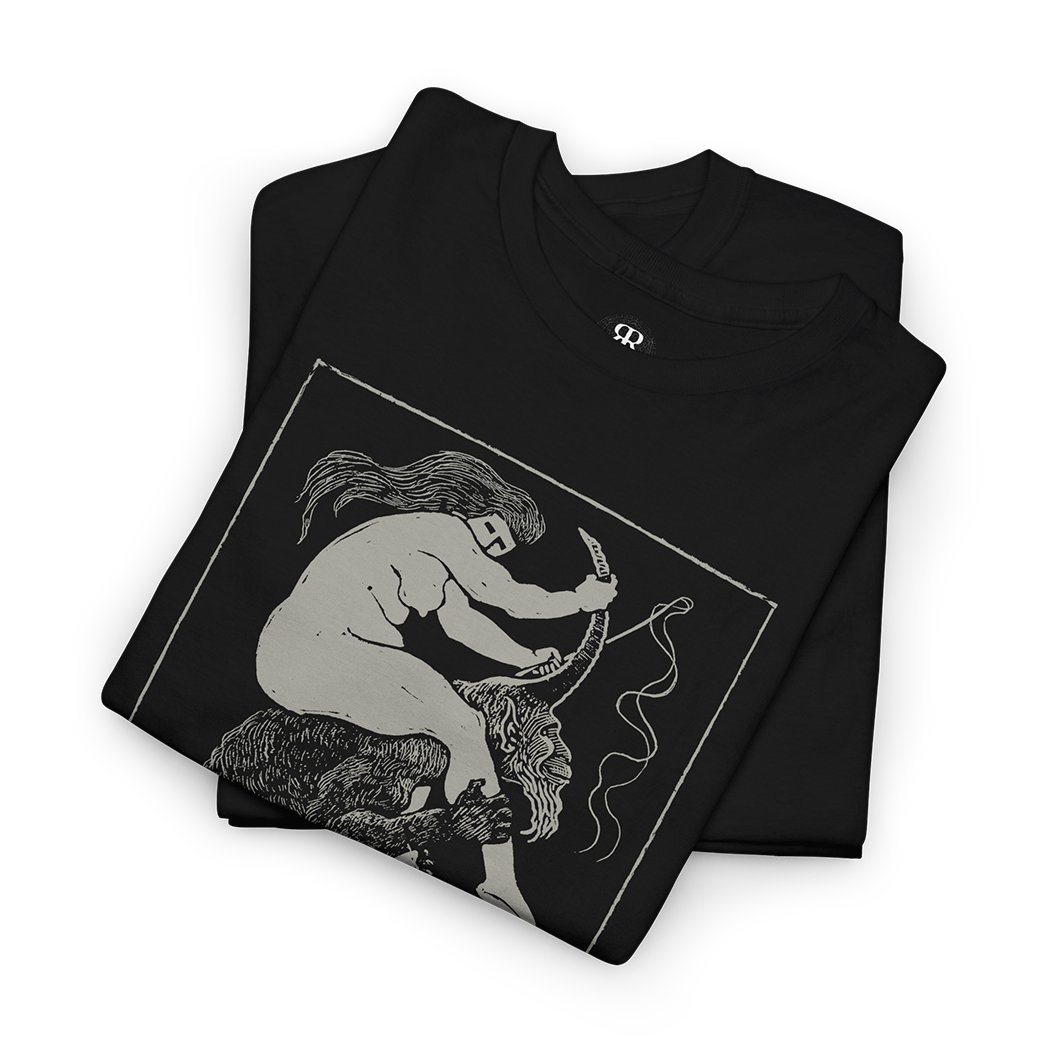 Black T-shirt with a graphic print of a witch riding a devil.