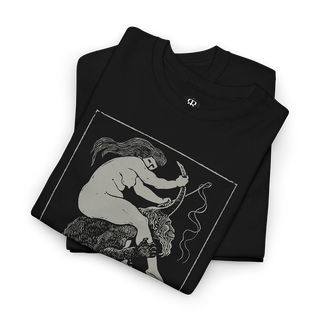 Black T-shirt with a graphic print of a witch riding a devil.