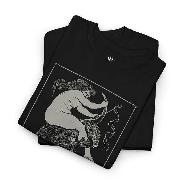 Black T-shirt with a graphic print of a witch riding a devil.