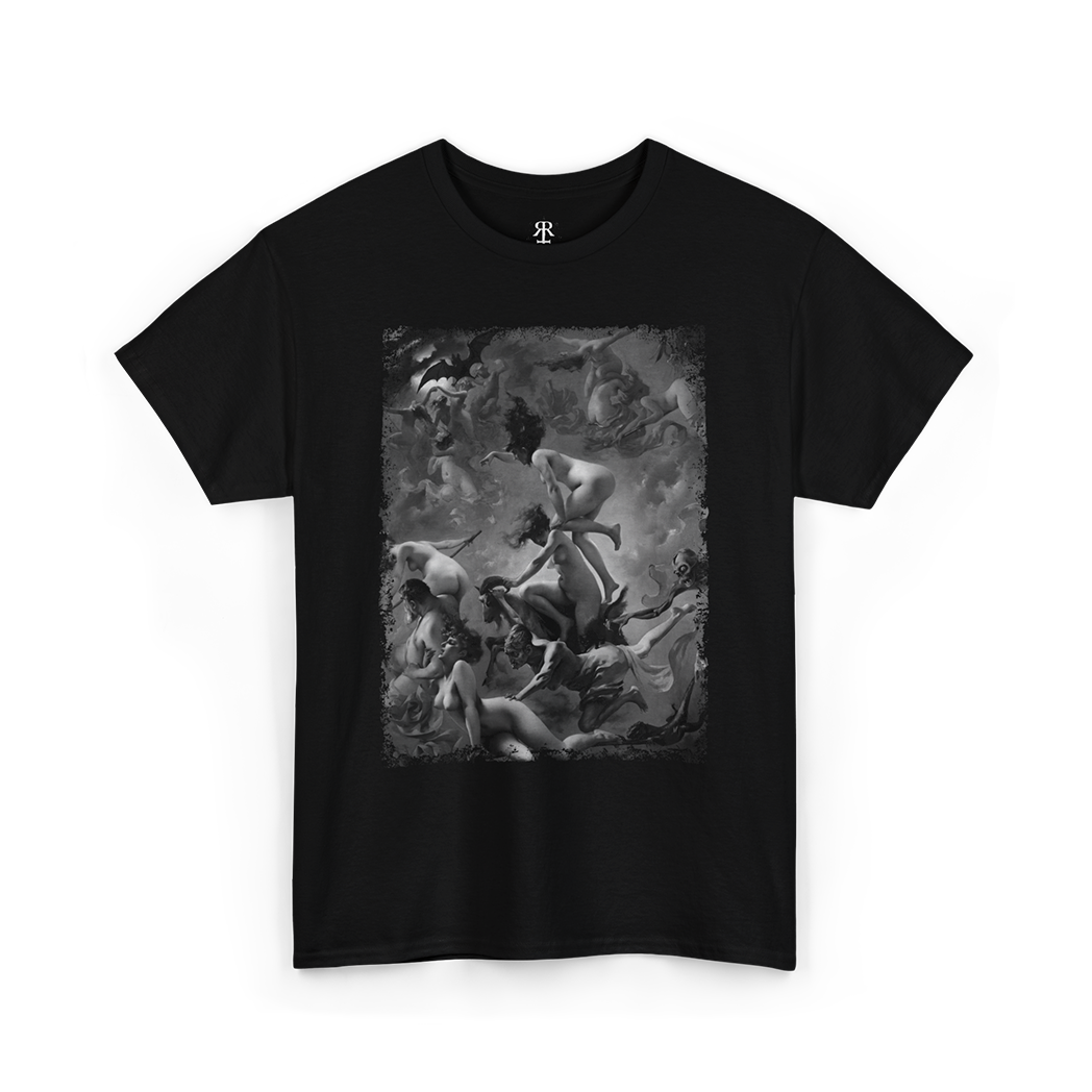 Black t-shirt showing Luis Ricardo Falero Witches Going to their Sabbath painting