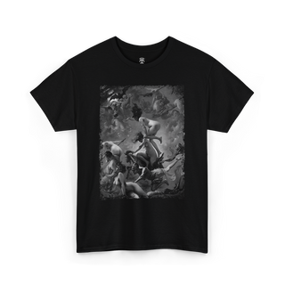 Black t-shirt showing Luis Ricardo Falero Witches Going to their Sabbath painting
