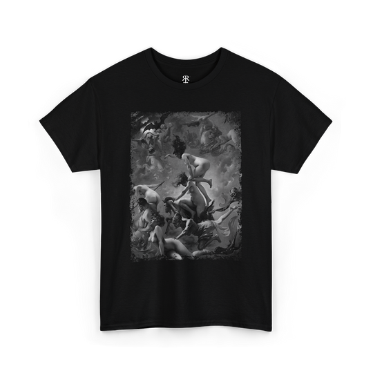 Black t-shirt showing Luis Ricardo Falero Witches Going to their Sabbath painting