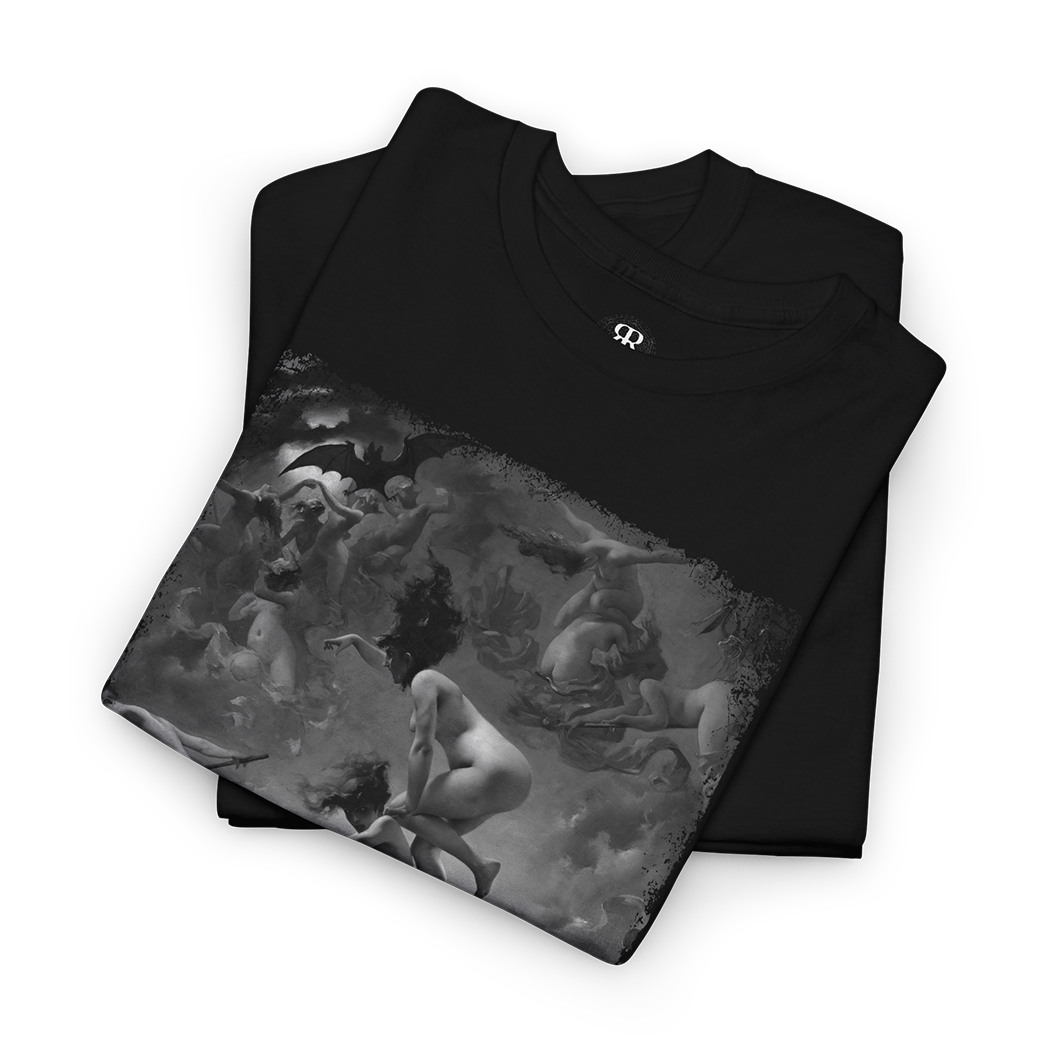 Black t-shirt showing Luis Ricardo Falero Witches Going to their Sabbath painting